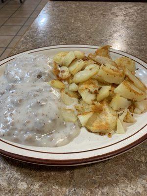 Biscuits and gravy - American fries. Very yummy!