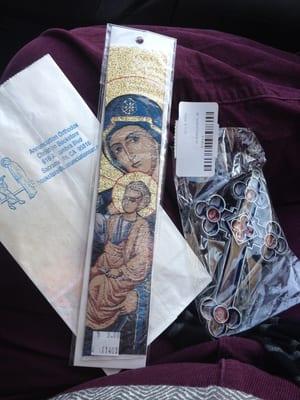 $3- bookmarks! Suncatcher for $3.50. Amazing replicas of Byzantine art. Cool books like "adopted and always loved"