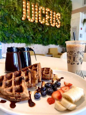 Wonder Waffle (chocolate chip waffle with chocolate sauce and fresh fruit) & a French Vanilla Coffee On Ice