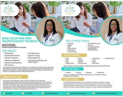 At PeaceOfMind Psychiatry & Wellness, your mental health is our priority. We offer a safe and supportive environment for you.