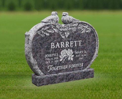 Heart companion granite headstone with doves -- custom memorial engraving by Memory Stones.