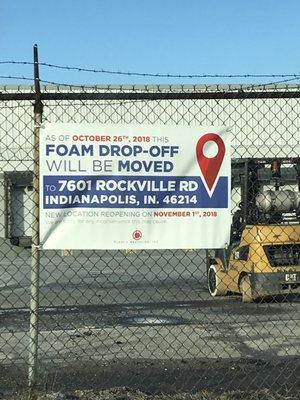 Sign at former locations announcing move of styrofoam recycling drop off.