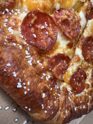 Stuffed Pretzel Crust with Cheese Sauce & Pepperoni