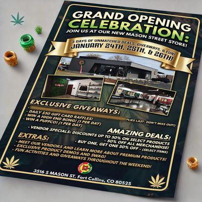 Grand Opening at our new Mason Street location in Fort Collins.
January 24, 25 and 26