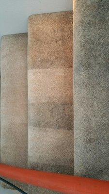 Carpet Cleaning in process. One swipe with our carpet cleaning stair wand.