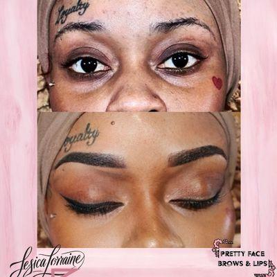 powder brow result to create symmetrical eyebrow shape for both brows.