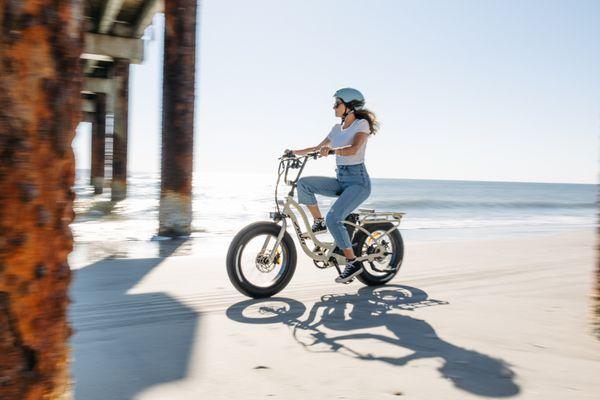 The Murf Higgs step through Electric bike is the perfect bike for all! Easy and fun to ride with 20" fat tires and a 52V battery!