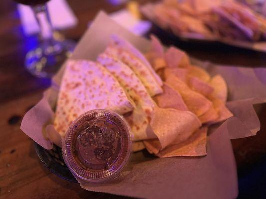 Chicken quesadilla with chips and salsa