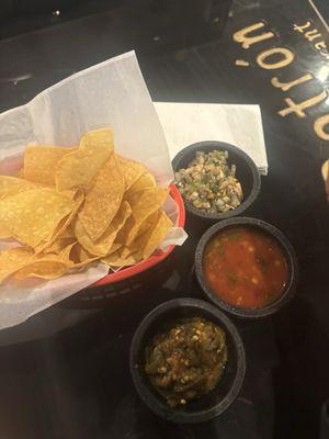 Chips & Salsa one was toasted jalapeños, Mushroom and jalapenos, and red salsa