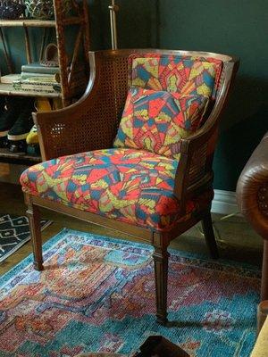 Wooden Cane Chair in Colorful Abstract Pattern