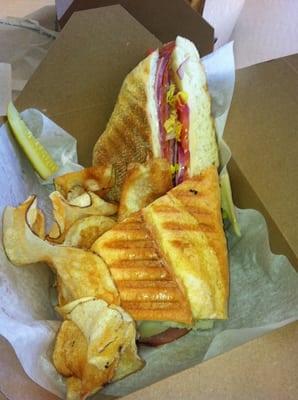 The "Italian Job" pressed on the panini machine served with freshly made kettle chips. So worth it!