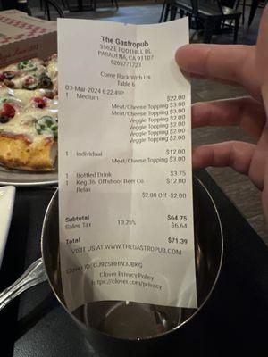 36 dollar Medium pizza.