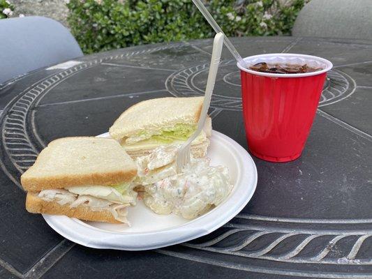 Turkey and Cheese Sandwich with Potato Salad and Diet Coke