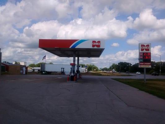 Two islands, four gas pumps, two diesel, one soda machine