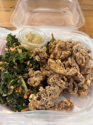 Oyster mushroom & love+magic kale salad basket w/ curry tarter sauce
