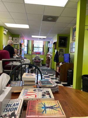 Barber shop. Books to read, browse while you wait.