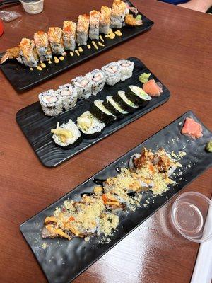 Shaggy roll, Rock N Roll, & the two small rolls are a chicken tempura roll and a shrimp & crab roll.