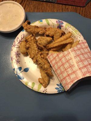 Chicken fingers and fries with gravy as a dip.