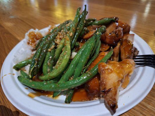One entree plate with teriyaki chicken, garlic green beans and steamed white rice