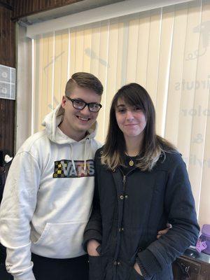 Hard part for him and bangs for her.