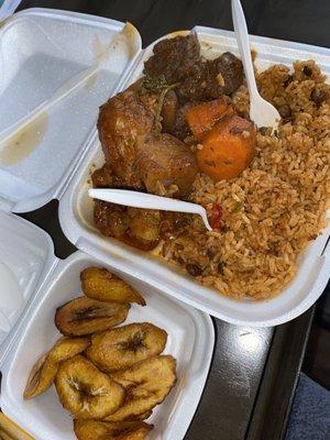 Half Stewed Beef (w/ Potatoes and carrots) & Half Stewed Chicken + Rice & Peas + Plantain
