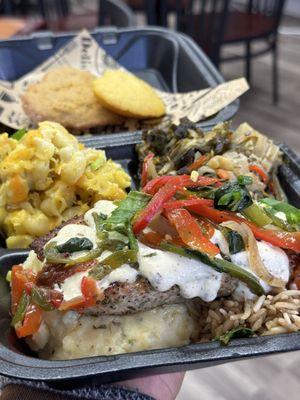 Lemon Basil Salmon over Brown Rice & Garlic Mashed Potatoes, Mac & Cheese, Collards & Cabbage Blend, Cornbread Love.