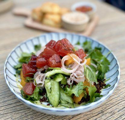 Tuna Poke Salad w/ quinoa, pickled veggies, candied pecans ($24)