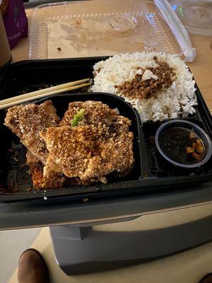Chicken cutlet bento after I had eaten half the chicken already and the broccoli