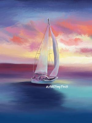 Sailing Away is an award-winning digital illustration by Artist Penny FireHorse capturing the tranquil beauty of a sunset on the water.