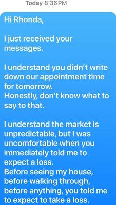 Responding to a text from Rhonda. Followed up by the statement that she's isn't apologetic for her less than professional behavior.