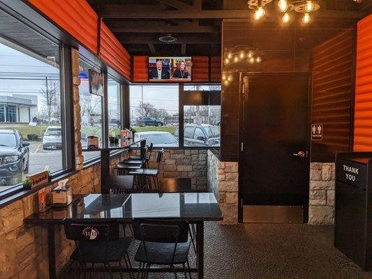 The colorful and narrow restaurant.