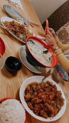 house fried rice, orange chicken, shrimp + chive dumplings, wonton soup