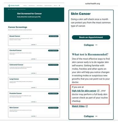 Sutter promotes skin cancer screening but refuses to bill it as preventive, even when confirmed in advance.