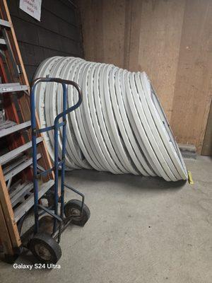 Large round tables stored on-site. Ask about the measurements of the tables, if you are planning to overlay with table clothes.