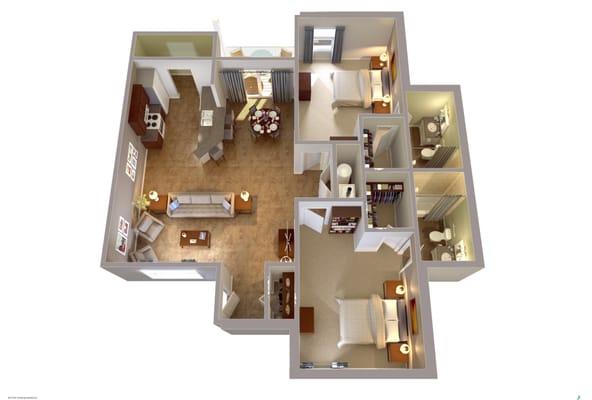 Floorplan B (976 sq ft, 2 bed/2 bath)