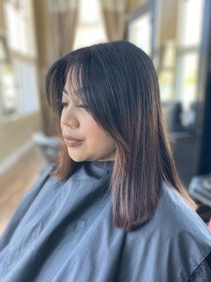 Curtain bang with lob haircut by Tracey Thompson text for inquiries (707)486-3433