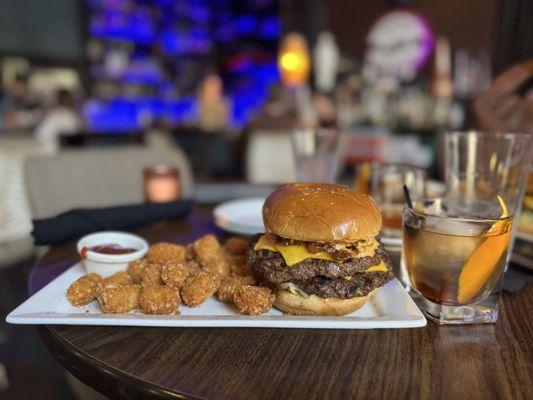 Double burger and tots with an old-fashioned. Yes, it's as amazing as it looks.