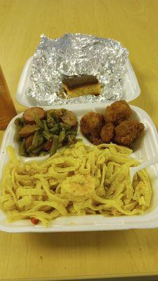 Shrimp Fettuccine Alfredo sauce, popcorn shrimp and Green beans/sausage