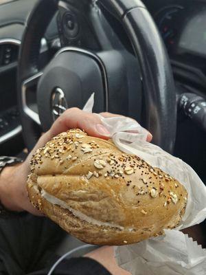 This bagel was huge!!! Pictured is only half! Lightly toasted & cream cheese! Soooooo good.