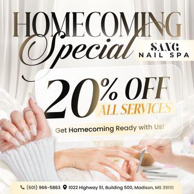 HOMECOMING READY AT SANG NAIL SPA
Enjoy 20% OFF ALL SERVICES