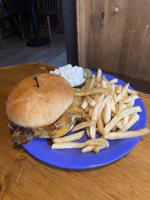 western burger with pulled pork, fries, and cottage cheese