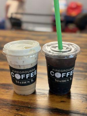 Iced white mocha Latte w/ pistachio cold foam AND Blueberry lemonade w/ blueberry boba. 10/10