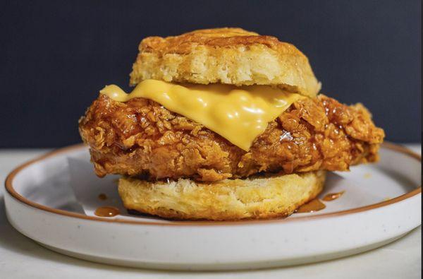 Hot Honey Fried Chicken Biscuit Sandwich w/ Cheese