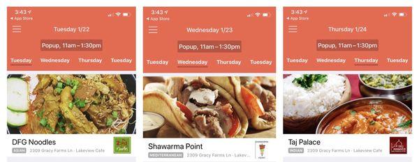 Current selection of Fooda pop-ups for lunch at Lakeview Cafe, Tue-Thu.