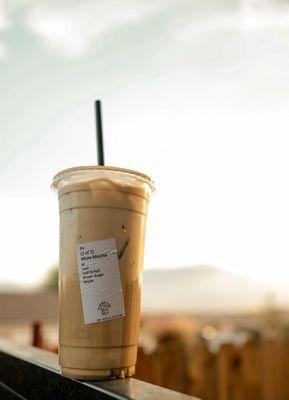 Iced White Mocha bliss under the desert sky.