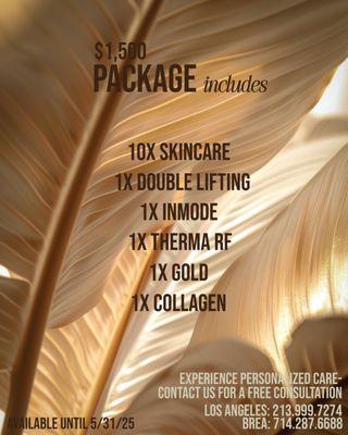 Mother's Day package includes.. Skincare, InMode, Therma RF, Gold (Skincare), and Collagen (Skincare)