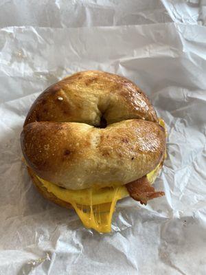 Bacon egg and cheese on Asiago bagel