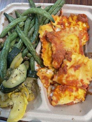 Ravioli with green beans and squash.