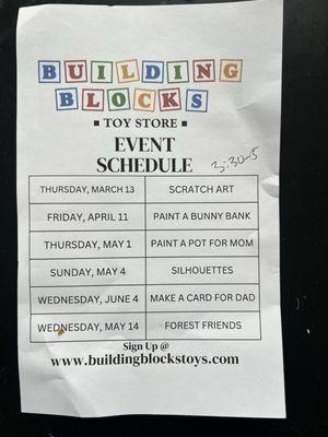 Schedule of events at the store