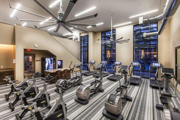 Two-level fitness center with cardio studio at The Verdant Apartments in San Jose, CA